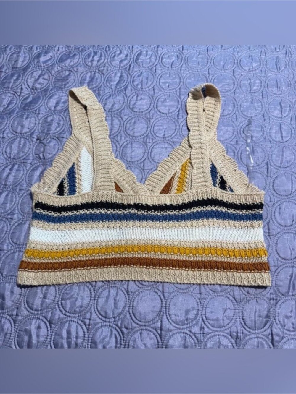 Striped Knit Button-Front Bralette in Beige, Blue & Mustard - Picture 3 of 3